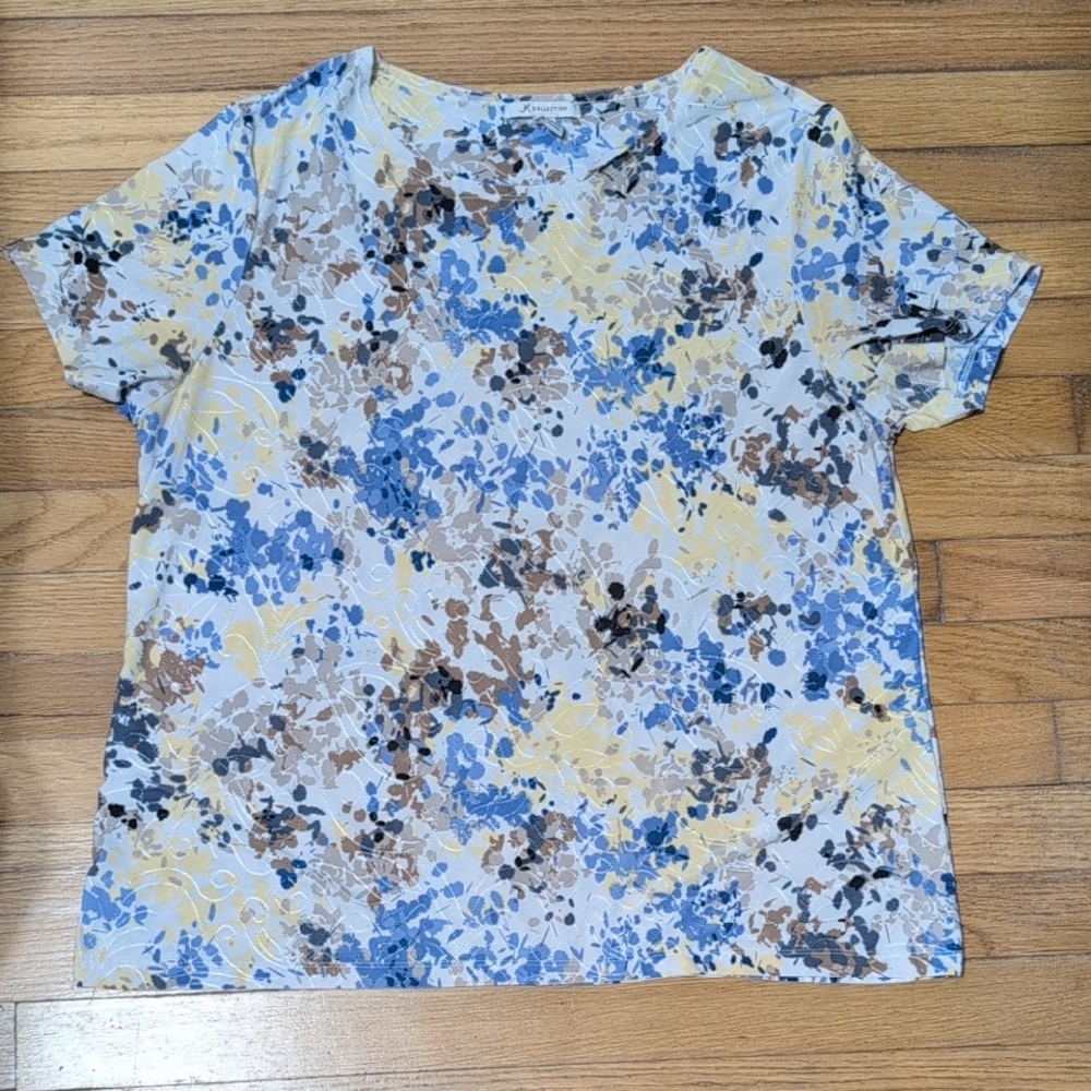 JM Collection Abstract Floral Top in Blue and Yellow